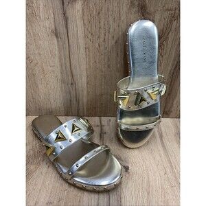Azalea Wang Womens Rylie-Gold Sandales Studded Double Strap Slip On Shoes Size 9